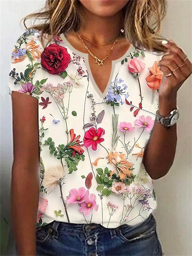 Elegant Leaf Print Henley Tee with V-Neck - Stylish and Versatile Short Sleeve Shirt for Casual Weekends and Holiday Wear